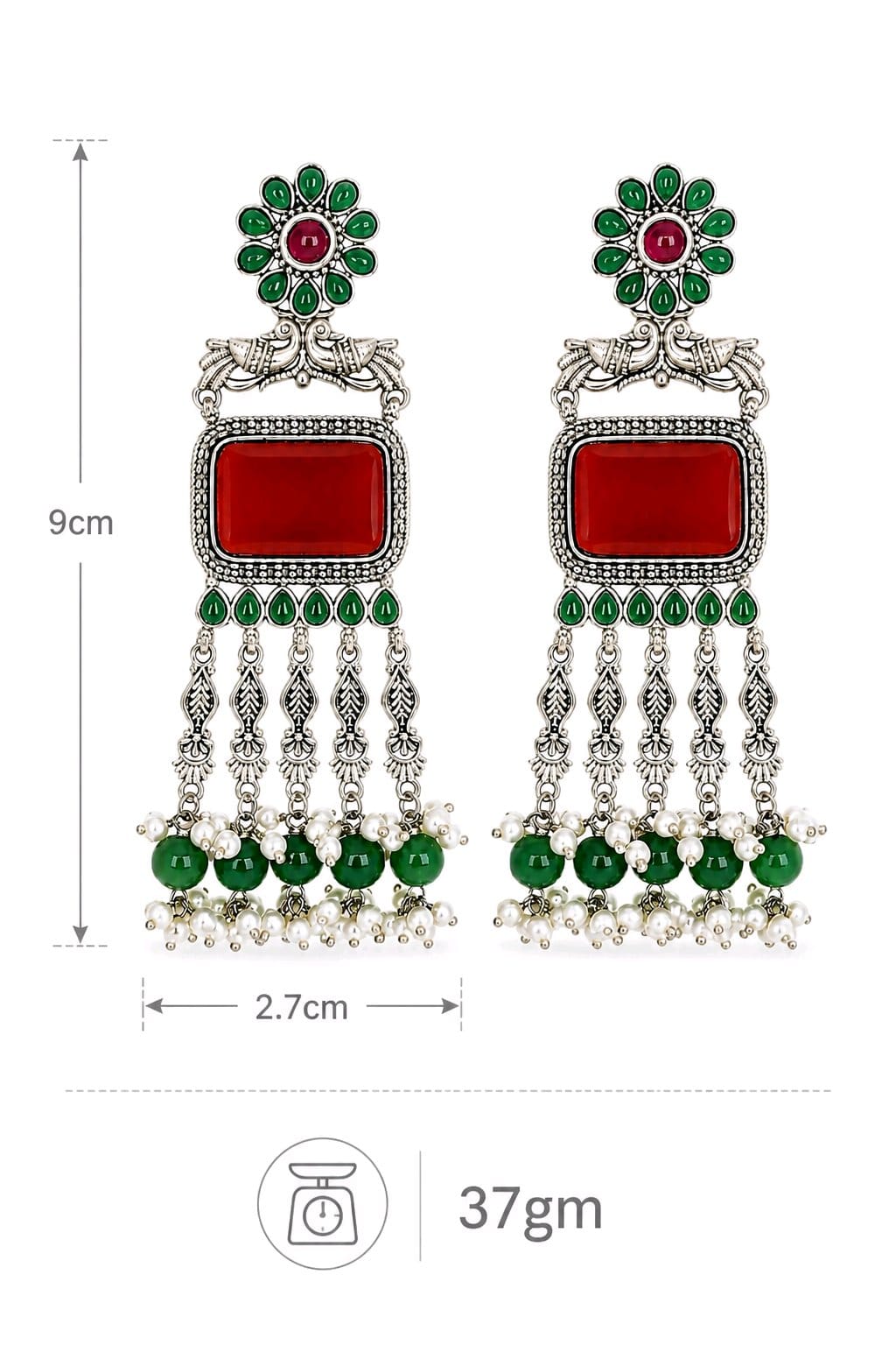 Aarvika Rajsi Silver Replica Statement Dangler Earrings - Red & Emerald