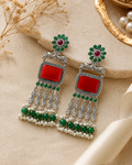 Aarvika Rajsi Silver Replica Statement Dangler Earrings - Red & Emerald