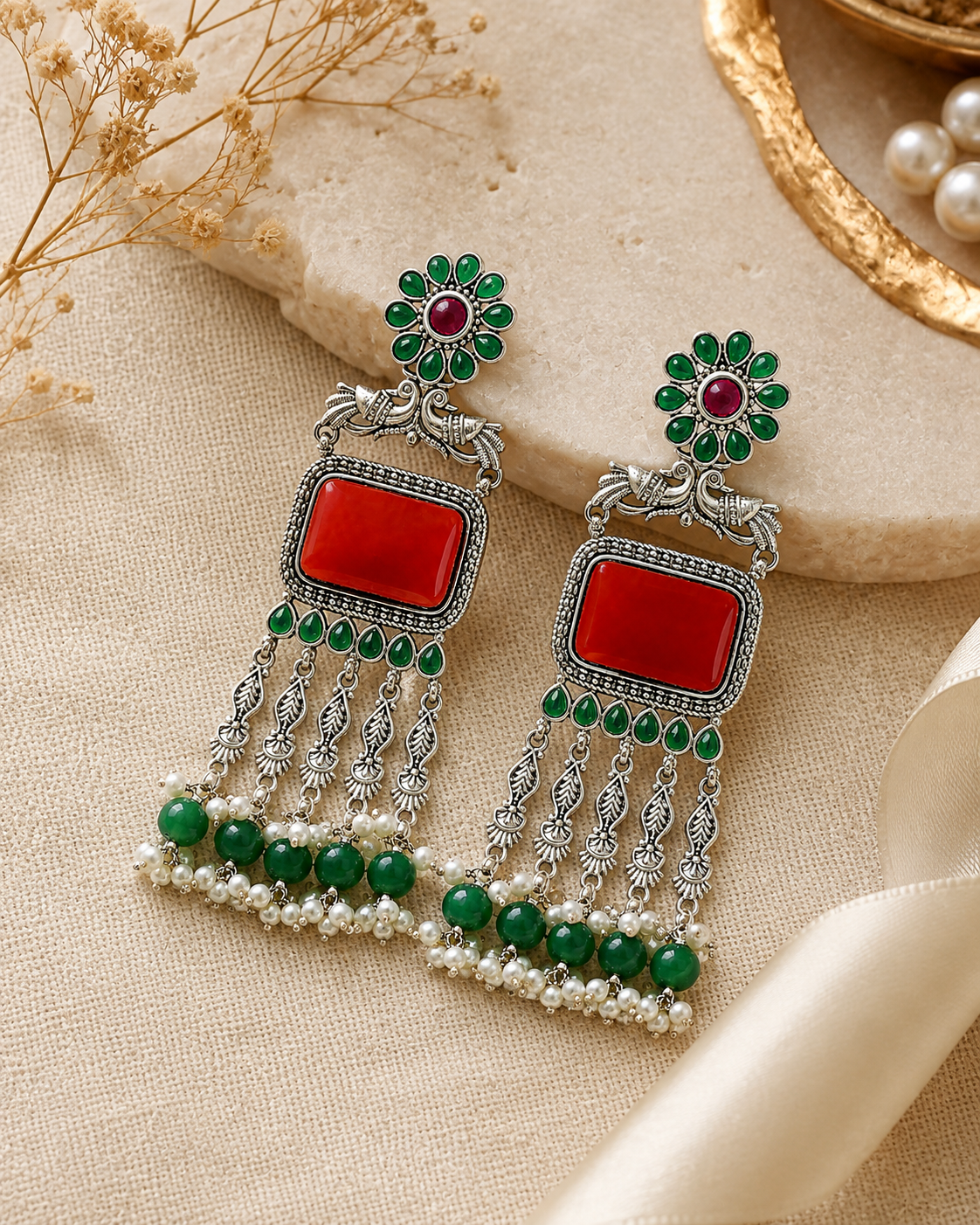 Aarvika Rajsi Silver Replica Statement Dangler Earrings - Red & Emerald