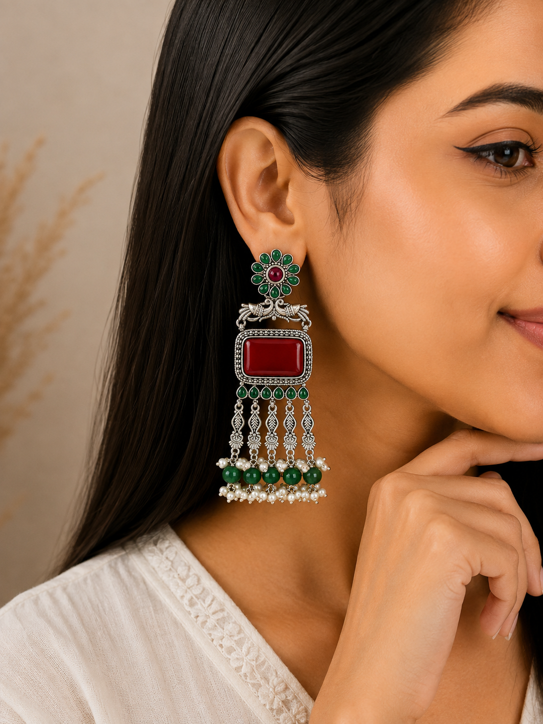 Aarvika Rajsi Silver Replica Statement Dangler Earrings - Red & Emerald