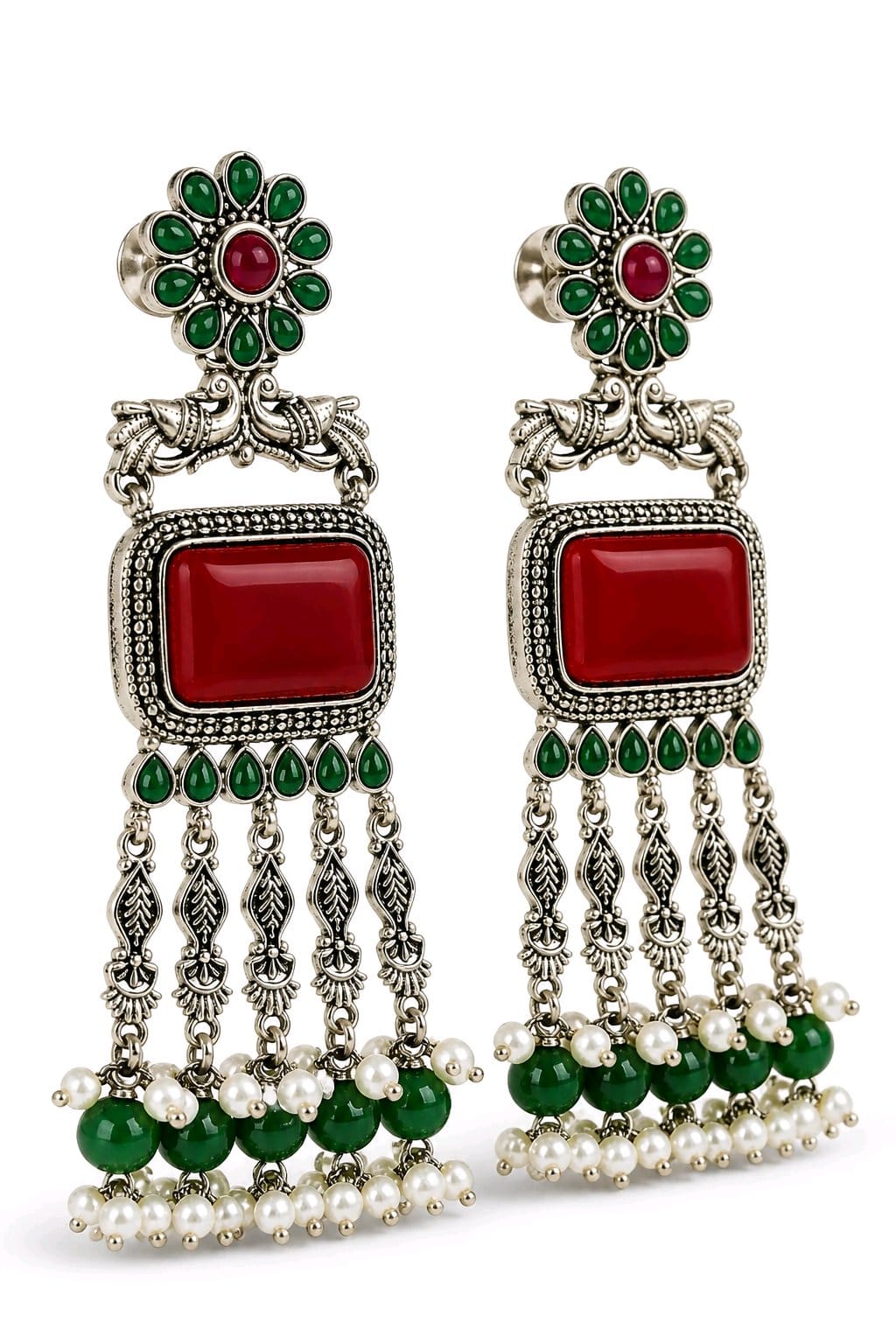 Aarvika Rajsi Silver Replica Statement Dangler Earrings - Red & Emerald