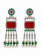 Aarvika Rajsi Silver Replica Statement Dangler Earrings - Red & Emerald