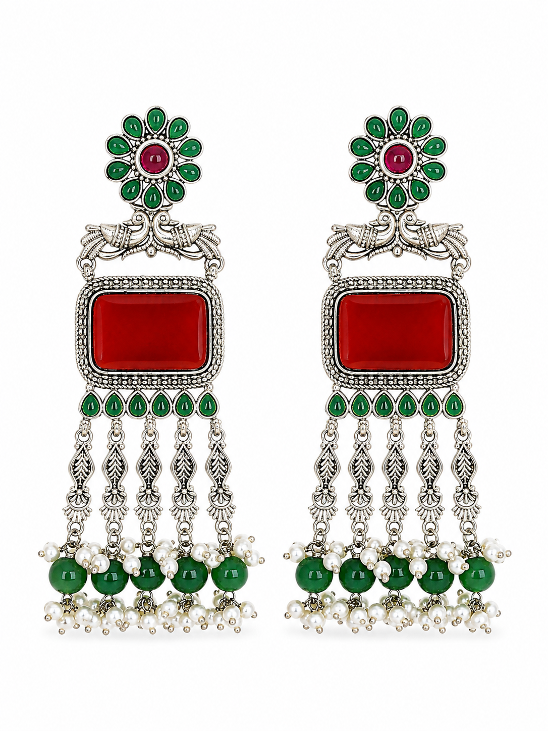 Aarvika Rajsi Silver Replica Statement Dangler Earrings - Red & Emerald
