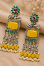 Aarvika Rajsi Silver Replica Statement Dangler Earrings - Mustard Yellow & Emerald