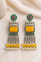 Aarvika Rajsi Silver Replica Statement Dangler Earrings - Mustard Yellow & Emerald