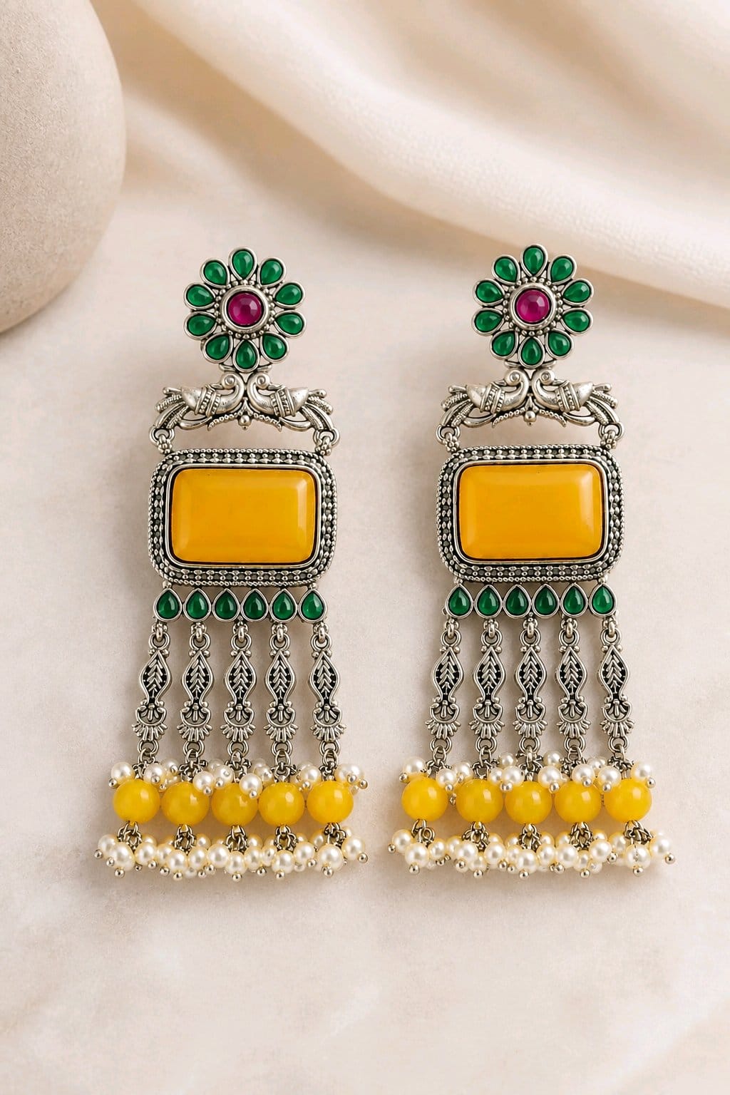 Aarvika Rajsi Silver Replica Statement Dangler Earrings - Mustard Yellow & Emerald