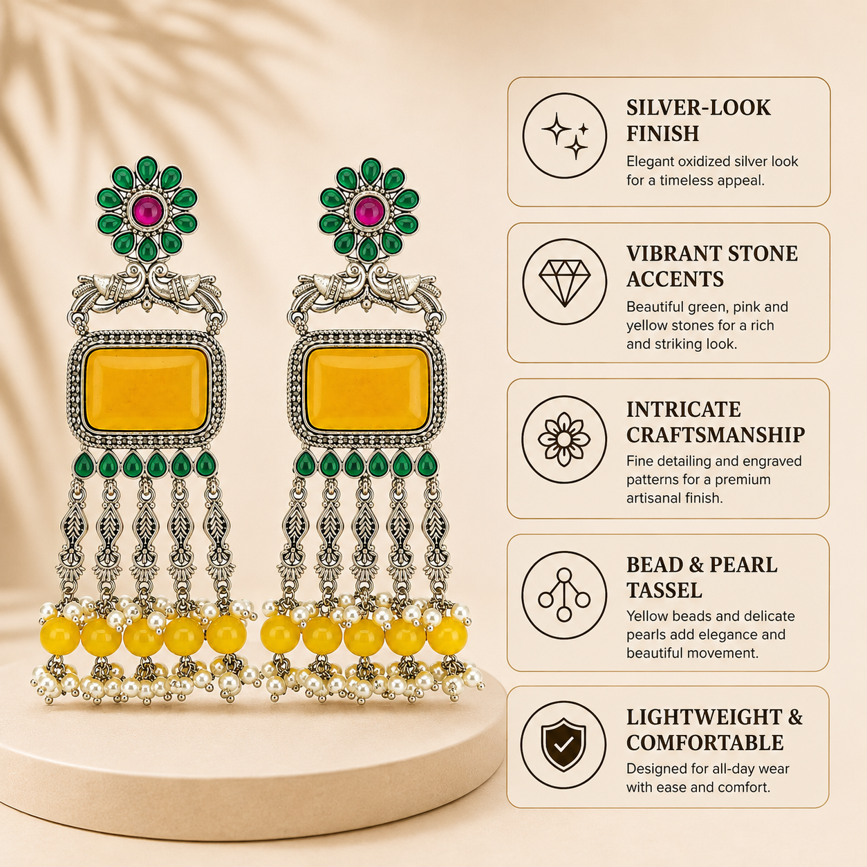 Aarvika Rajsi Silver Replica Statement Dangler Earrings - Mustard Yellow & Emerald