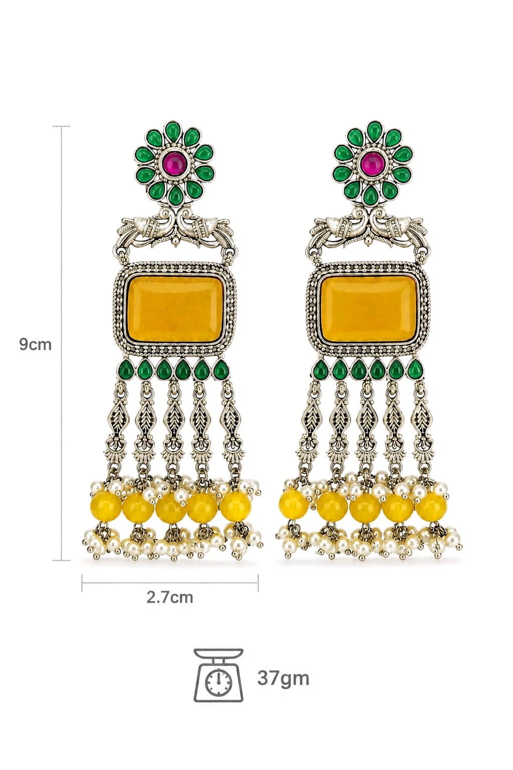 Aarvika Rajsi Silver Replica Statement Dangler Earrings - Mustard Yellow & Emerald