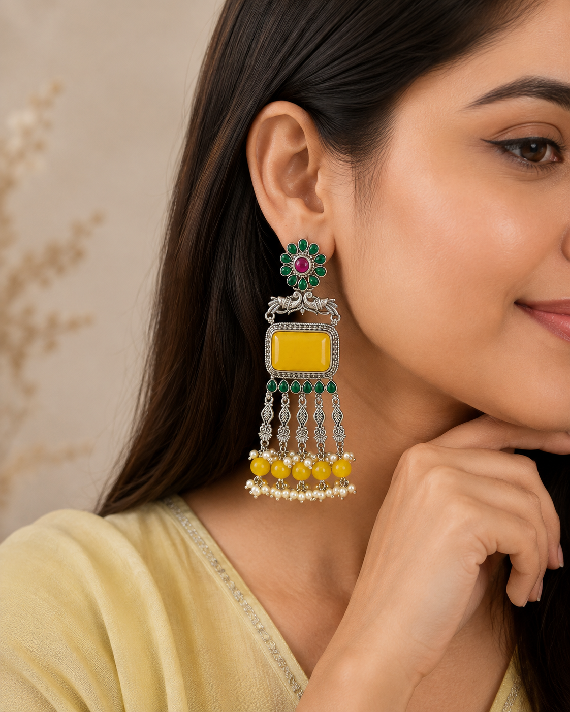 Aarvika Rajsi Silver Replica Statement Dangler Earrings - Mustard Yellow & Emerald