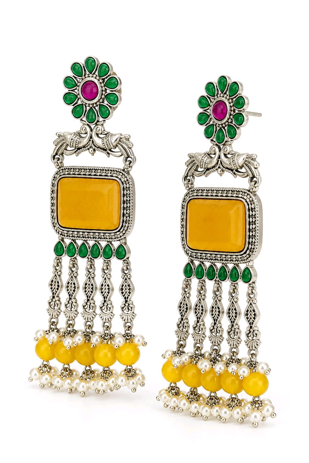 Aarvika Rajsi Silver Replica Statement Dangler Earrings - Mustard Yellow & Emerald