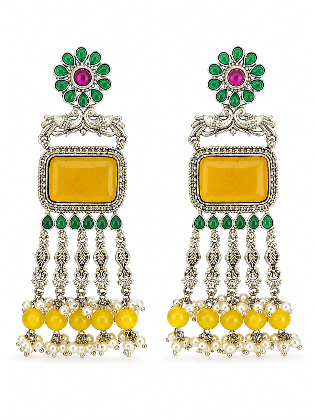 Aarvika Rajsi Silver Replica Statement Dangler Earrings - Mustard Yellow & Emerald