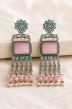 Aarvika Rajsi Silver Replica Statement Dangler Earrings - Blush Pink & Aqua