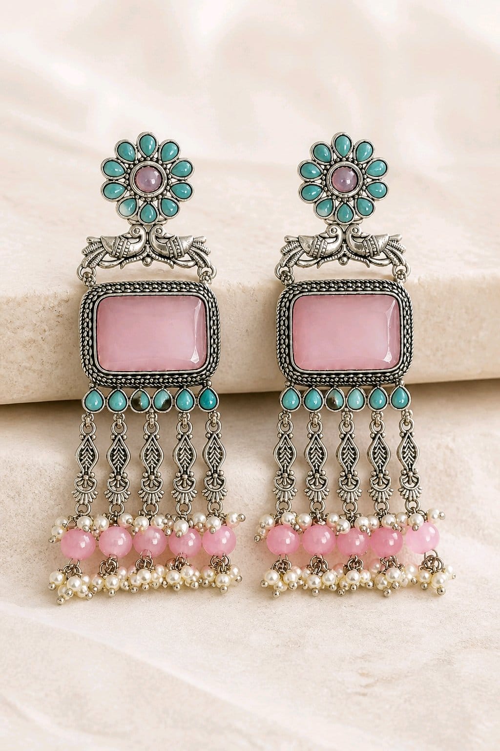 Aarvika Rajsi Silver Replica Statement Dangler Earrings - Blush Pink & Aqua