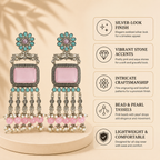 Aarvika Rajsi Silver Replica Statement Dangler Earrings - Blush Pink & Aqua