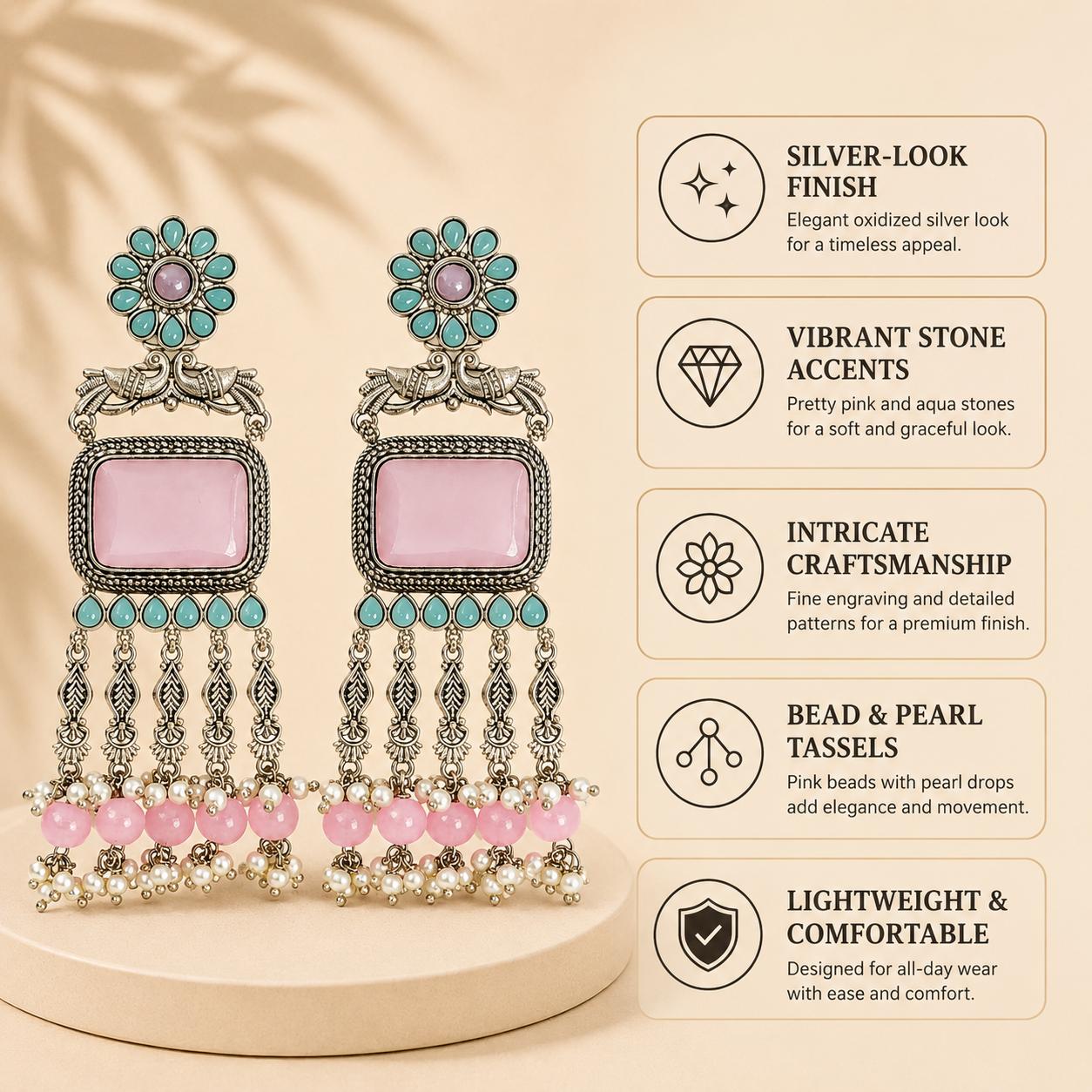 Aarvika Rajsi Silver Replica Statement Dangler Earrings - Blush Pink & Aqua