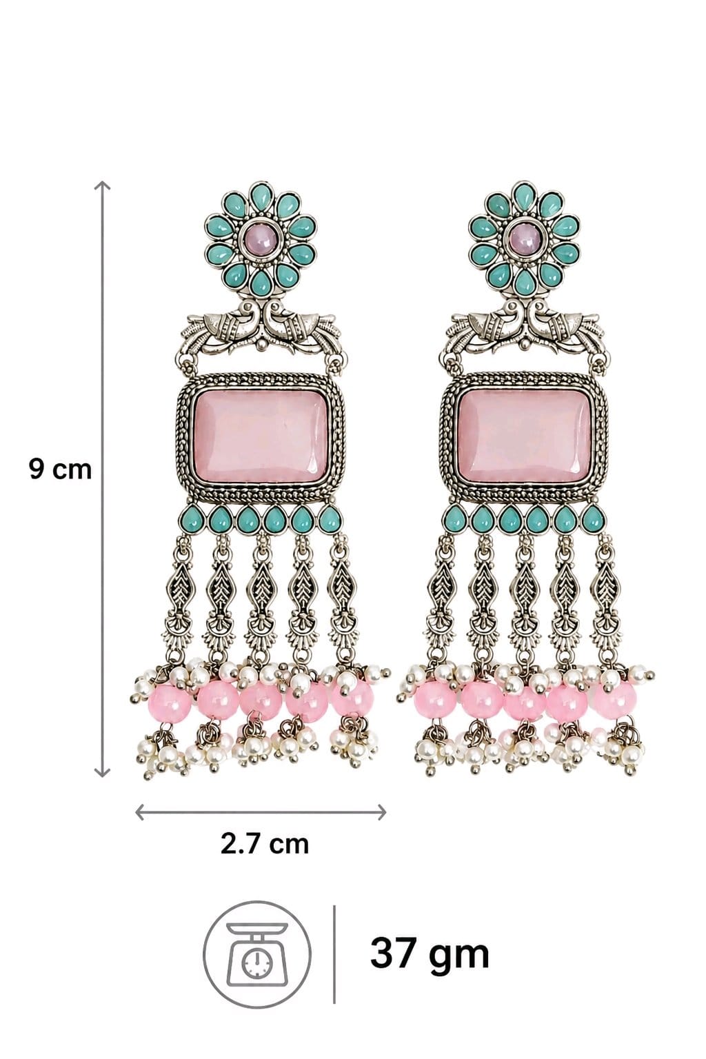 Aarvika Rajsi Silver Replica Statement Dangler Earrings - Blush Pink & Aqua
