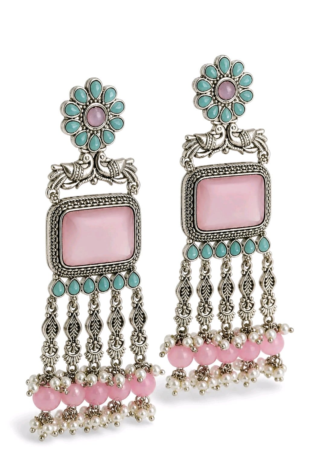 Aarvika Rajsi Silver Replica Statement Dangler Earrings - Blush Pink & Aqua