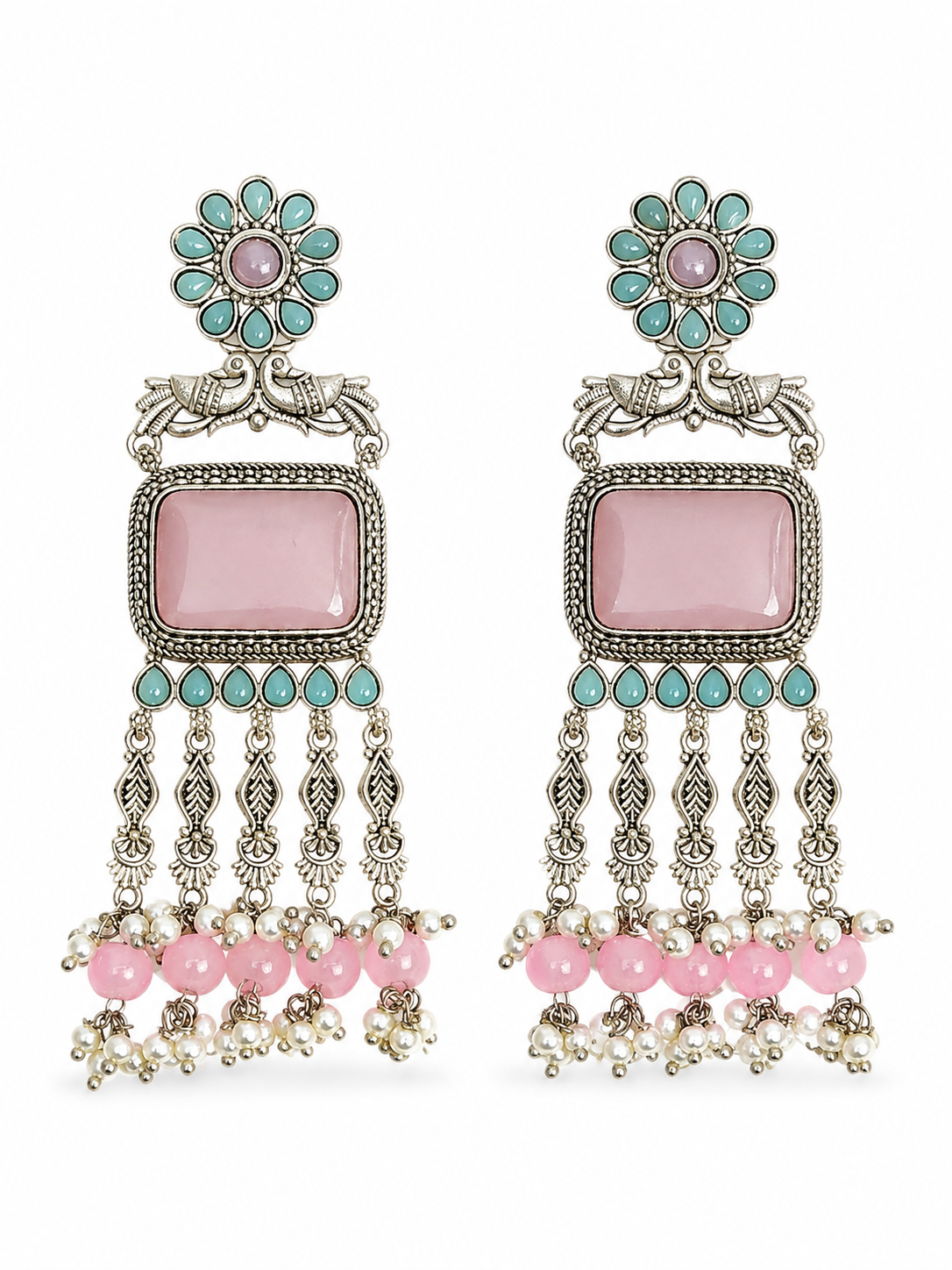 Aarvika Rajsi Silver Replica Statement Dangler Earrings - Blush Pink & Aqua