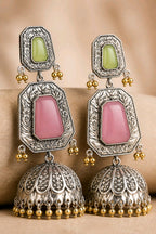 Aarvika Mrinal Silver Replica Floral Jhumka Earrings - Blush Pink & Pistachio Green