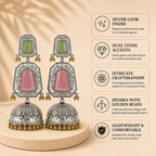 Aarvika Mrinal Silver Replica Floral Jhumka Earrings - Blush Pink & Pistachio Green