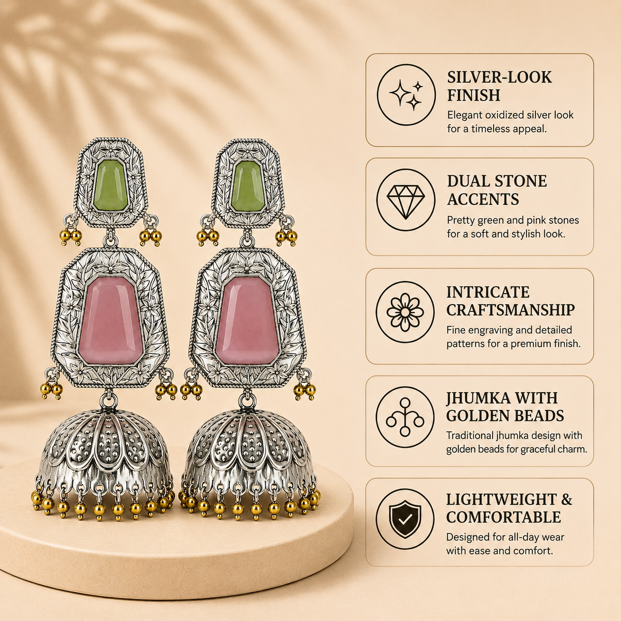 Aarvika Mrinal Silver Replica Floral Jhumka Earrings - Blush Pink & Pistachio Green