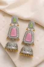 Aarvika Mrinal Silver Replica Floral Jhumka Earrings - Blush Pink & Pistachio Green