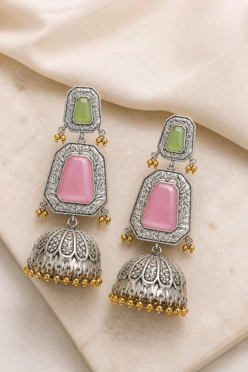 Aarvika Mrinal Silver Replica Floral Jhumka Earrings - Blush Pink & Pistachio Green