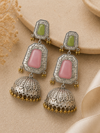 Aarvika Mrinal Silver Replica Floral Jhumka Earrings - Blush Pink & Pistachio Green
