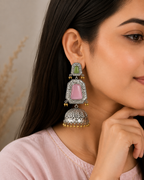 Aarvika Mrinal Silver Replica Floral Jhumka Earrings - Blush Pink & Pistachio Green