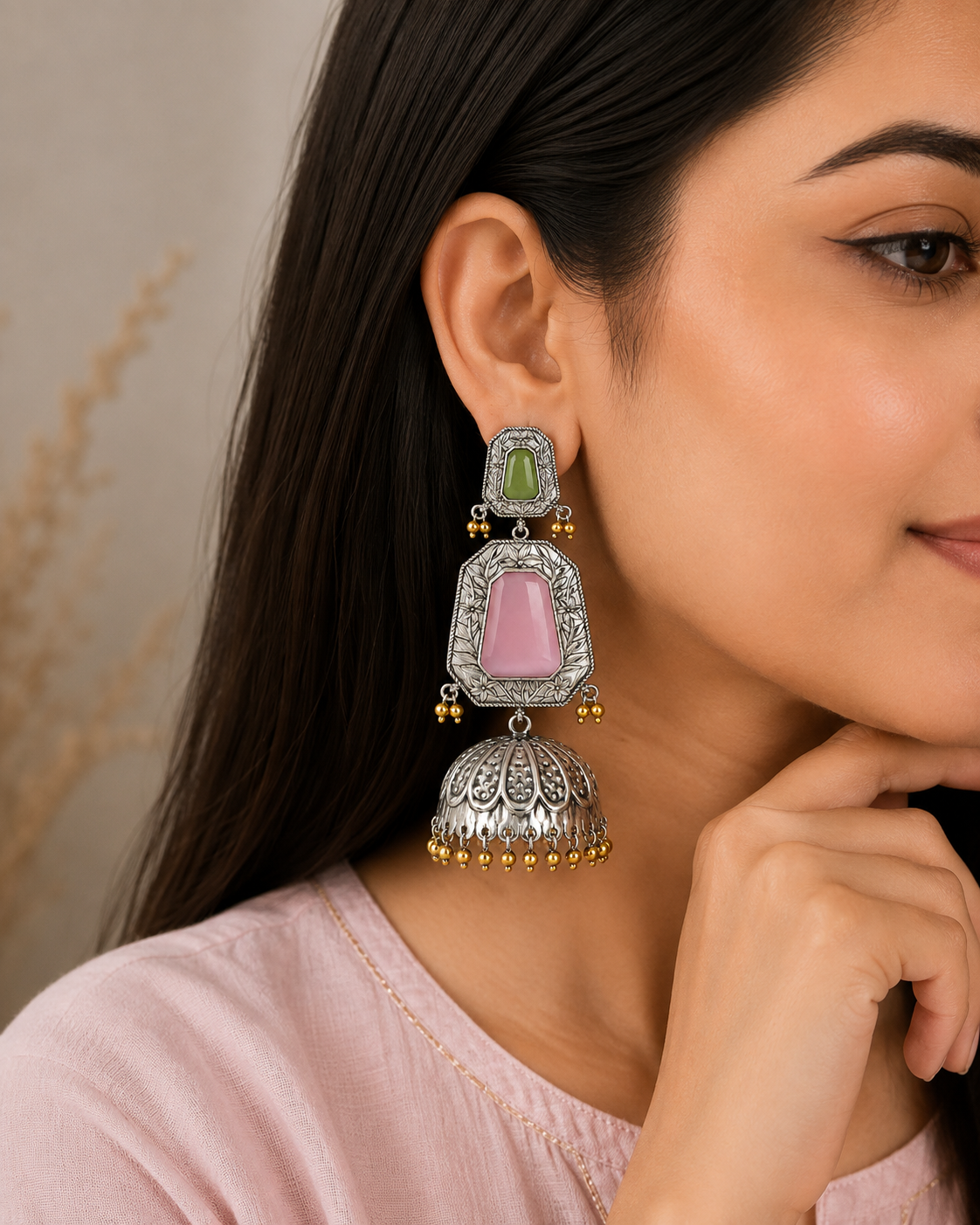 Aarvika Mrinal Silver Replica Floral Jhumka Earrings - Blush Pink & Pistachio Green