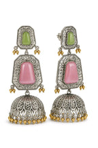 Aarvika Mrinal Silver Replica Floral Jhumka Earrings - Blush Pink & Pistachio Green