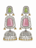 Aarvika Mrinal Silver Replica Floral Jhumka Earrings - Blush Pink & Pistachio Green