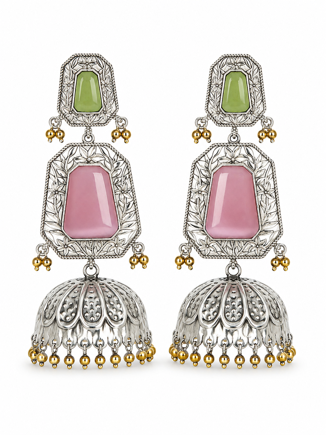 Aarvika Mrinal Silver Replica Floral Jhumka Earrings - Blush Pink & Pistachio Green