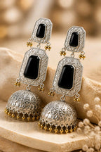Aarvika Mrinal Silver Replica Floral Jhumka Earrings - Onyx Black