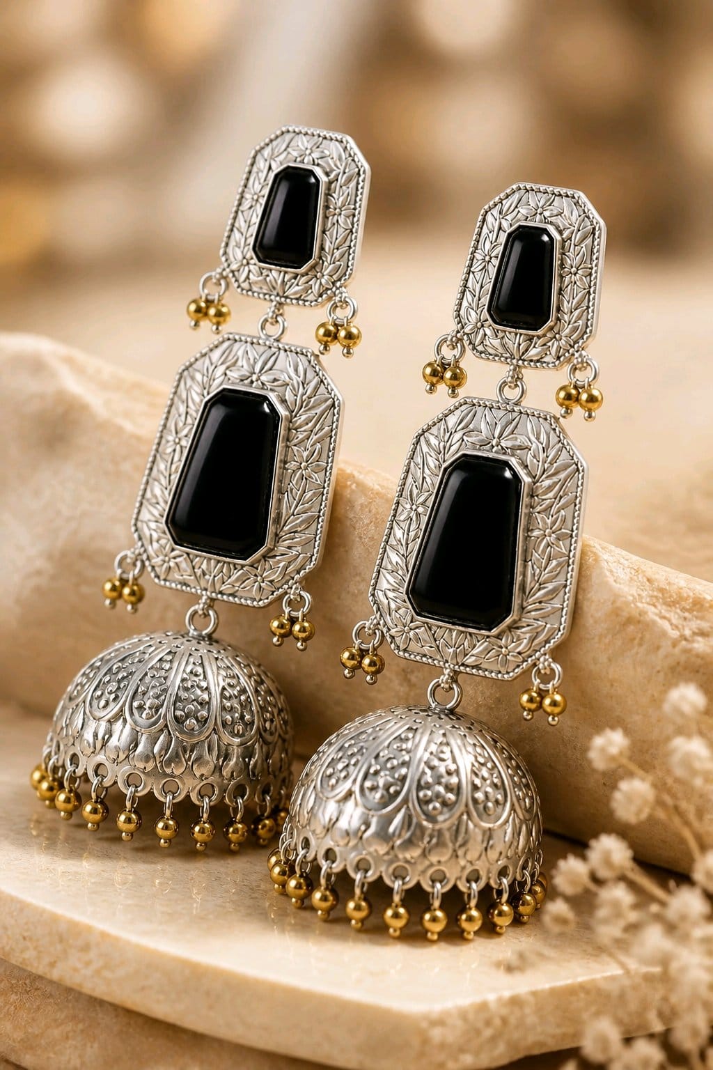 Aarvika Mrinal Silver Replica Floral Jhumka Earrings - Onyx Black