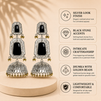 Aarvika Mrinal Silver Replica Floral Jhumka Earrings - Onyx Black