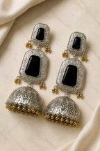 Aarvika Mrinal Silver Replica Floral Jhumka Earrings - Onyx Black