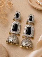 Aarvika Mrinal Silver Replica Floral Jhumka Earrings - Onyx Black