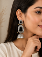 Aarvika Mrinal Silver Replica Floral Jhumka Earrings - Onyx Black