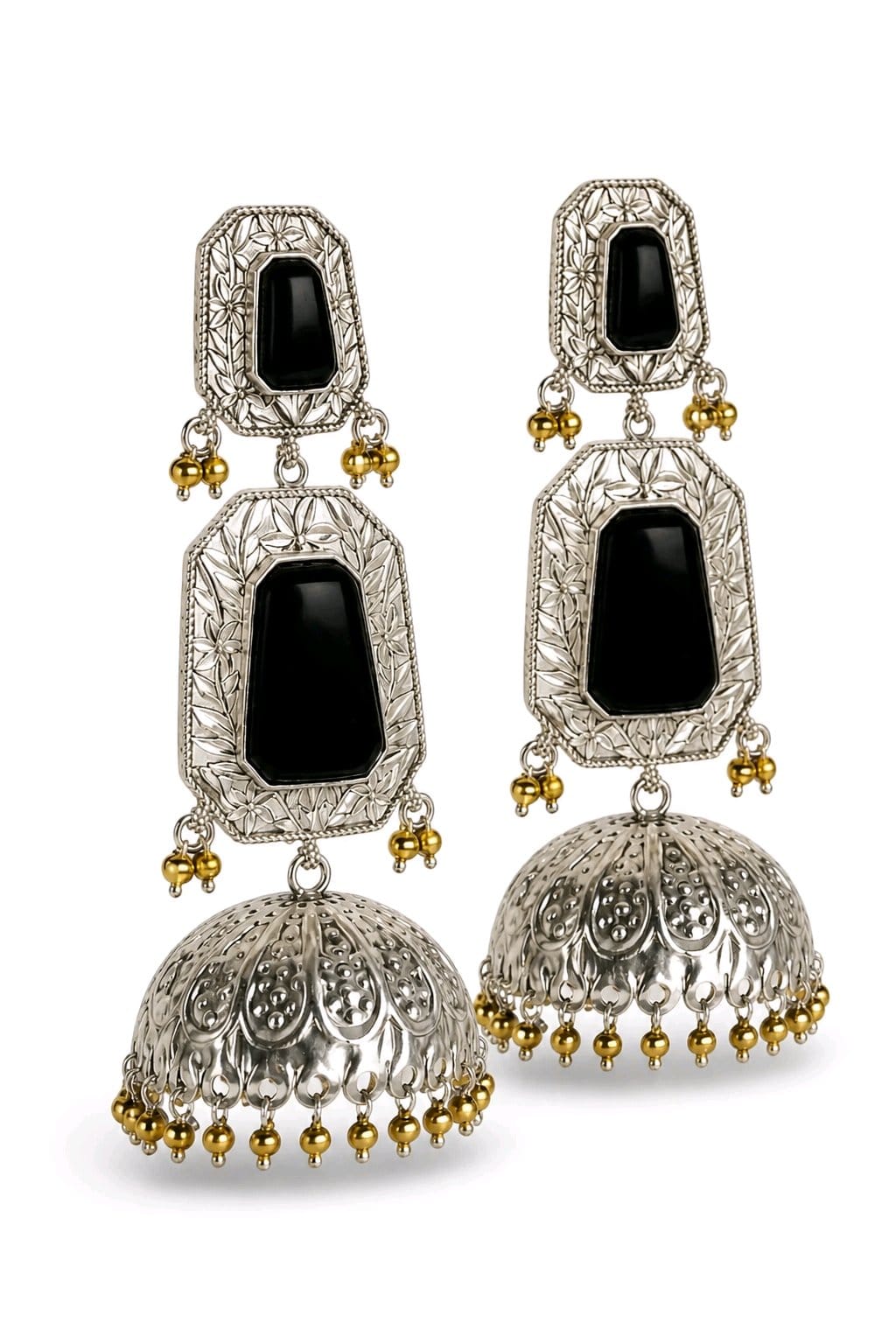 Aarvika Mrinal Silver Replica Floral Jhumka Earrings - Onyx Black