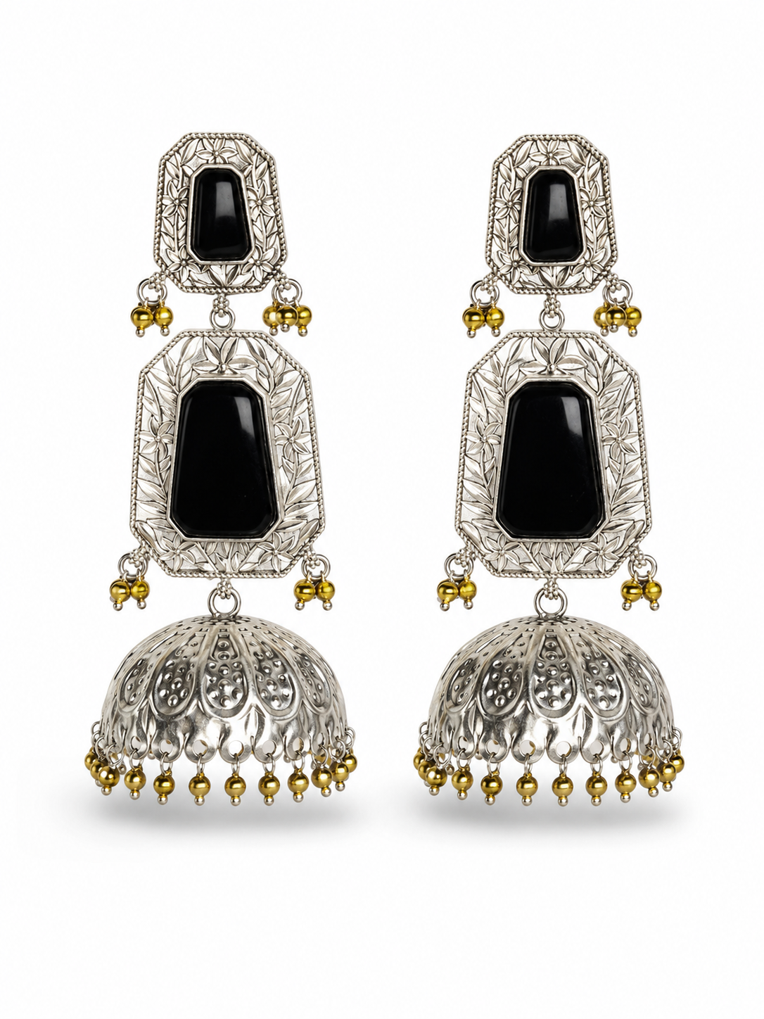 Aarvika Mrinal Silver Replica Floral Jhumka Earrings - Onyx Black