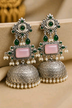 Aarvika Rajeshwari Silver Replica Royal Jhumka Earrings - Blush Pink & Emerald