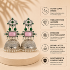 Aarvika Rajeshwari Silver Replica Royal Jhumka Earrings - Blush Pink & Emerald