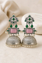 Aarvika Rajeshwari Silver Replica Royal Jhumka Earrings - Blush Pink & Emerald