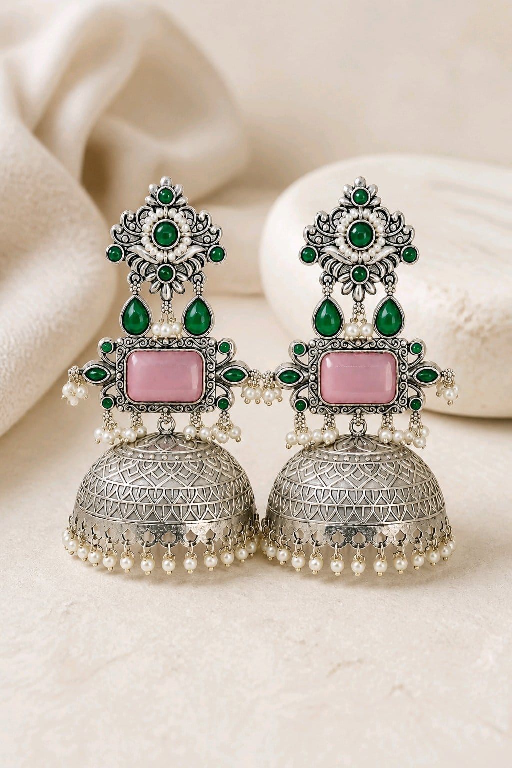 Aarvika Rajeshwari Silver Replica Royal Jhumka Earrings - Blush Pink & Emerald