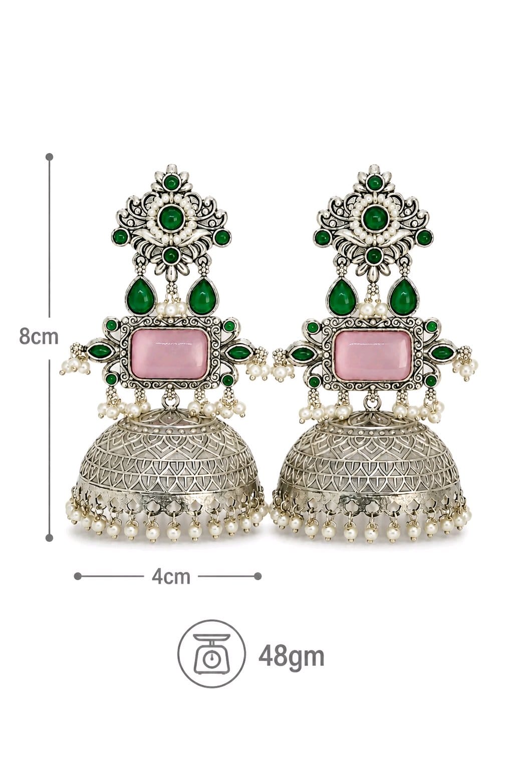 Aarvika Rajeshwari Silver Replica Royal Jhumka Earrings - Blush Pink & Emerald