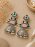 Aarvika Rajeshwari Silver Replica Royal Jhumka Earrings - Blush Pink & Emerald