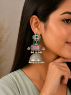 Aarvika Rajeshwari Silver Replica Royal Jhumka Earrings - Blush Pink & Emerald