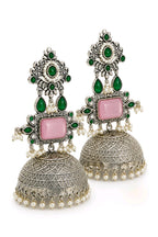 Aarvika Rajeshwari Silver Replica Royal Jhumka Earrings - Blush Pink & Emerald