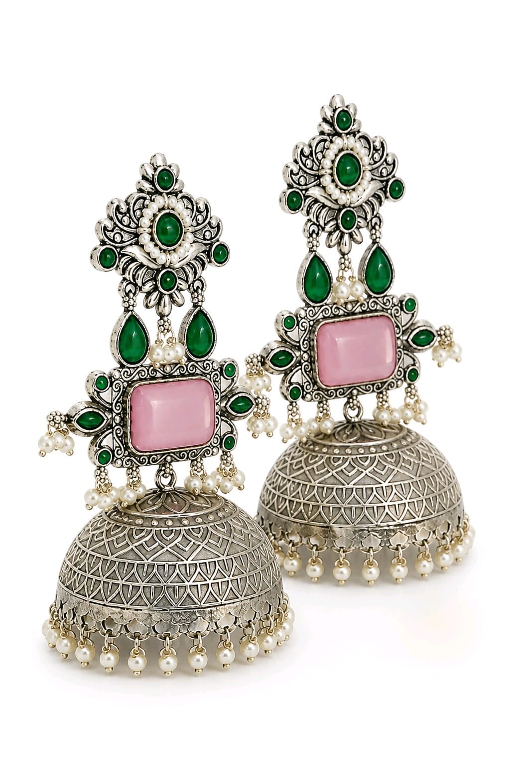 Aarvika Rajeshwari Silver Replica Royal Jhumka Earrings - Blush Pink & Emerald
